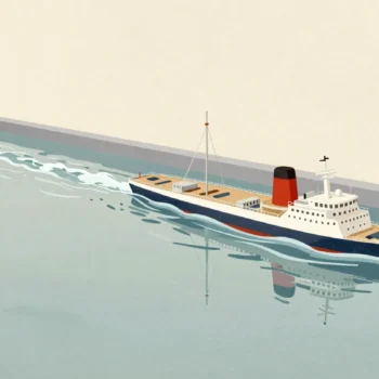 A model ship floats in a long indoor water tank as small waves roll toward it from the far end.