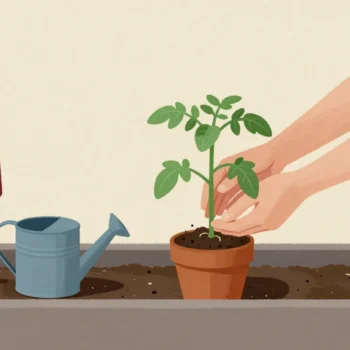 Two hands moving a young tomato plant with its roots intact from a small pot into a prepared garden bed