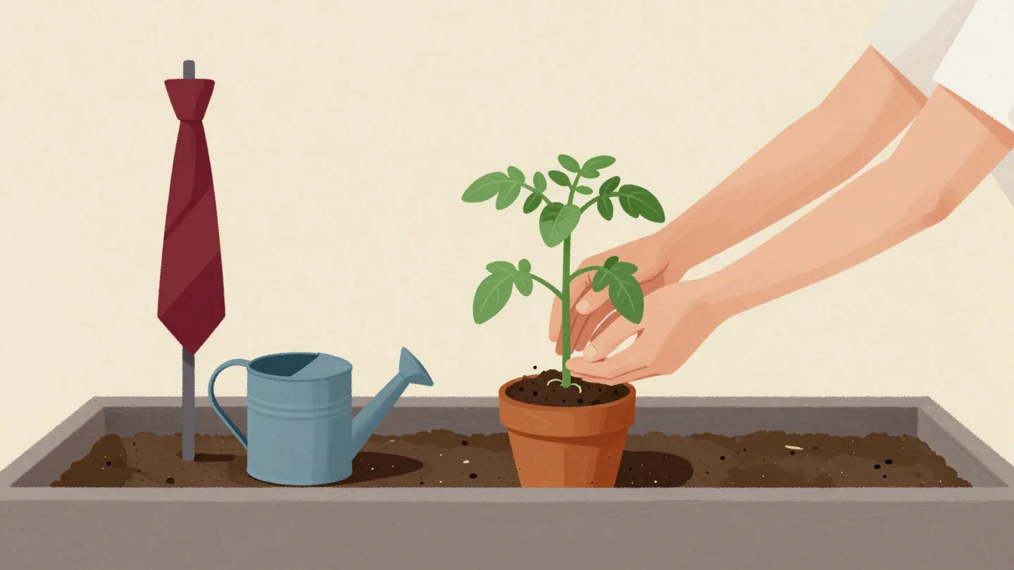 Two hands moving a young tomato plant with its roots intact from a small pot into a prepared garden bed