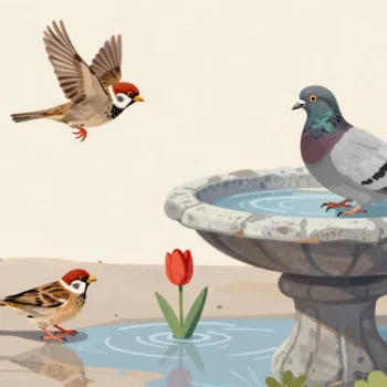 A sparrow leaving a birdbath taken by a big pigeon, flying toward a puddle beside a red tulip