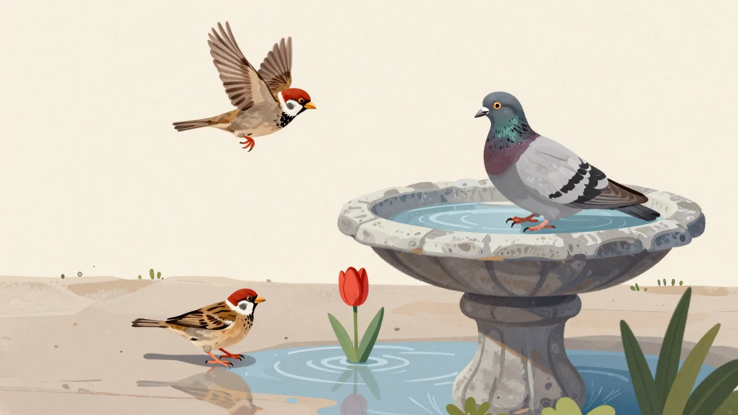 A sparrow leaving a birdbath taken by a big pigeon, flying toward a puddle beside a red tulip