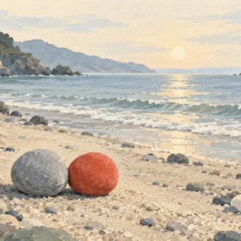 Gouache painting of beach pebbles in loose clusters, two similar round pebbles close together, one vermilion, and a jagged stone far away.