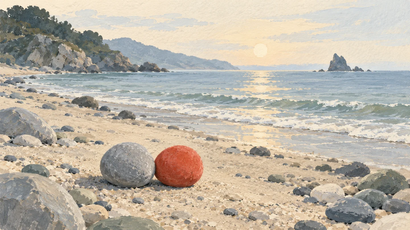 Gouache painting of beach pebbles in loose clusters, two similar round pebbles close together, one vermilion, and a jagged stone far away.