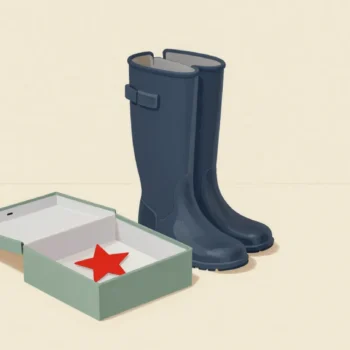 A tall boot beside a small open shoebox that holds only a small red paper star instead of the boot.
