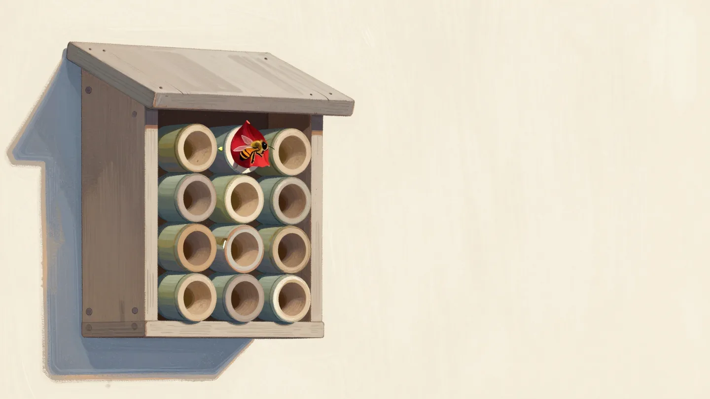 A wooden bee hotel of hollow tubes on a garden wall, each tube sealed separately, one bee landing at its own.