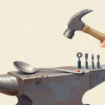 A hand holding a steel punch over a new silver spoon on an anvil, ready to stamp its maker's mark.