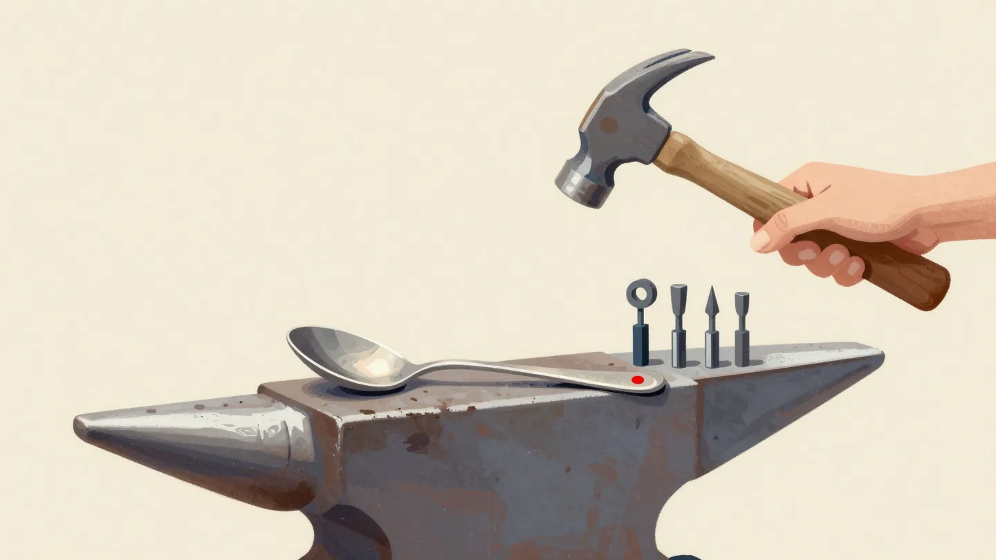 A hand holding a steel punch over a new silver spoon on an anvil, ready to stamp its maker's mark.