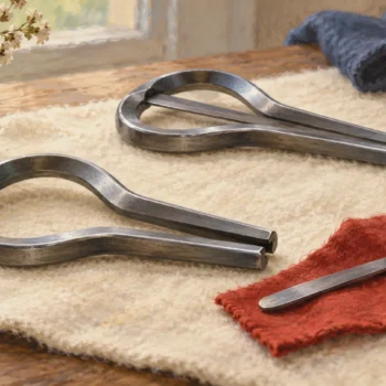 An empty jaw harp frame beside its removed tongue and a complete instrument