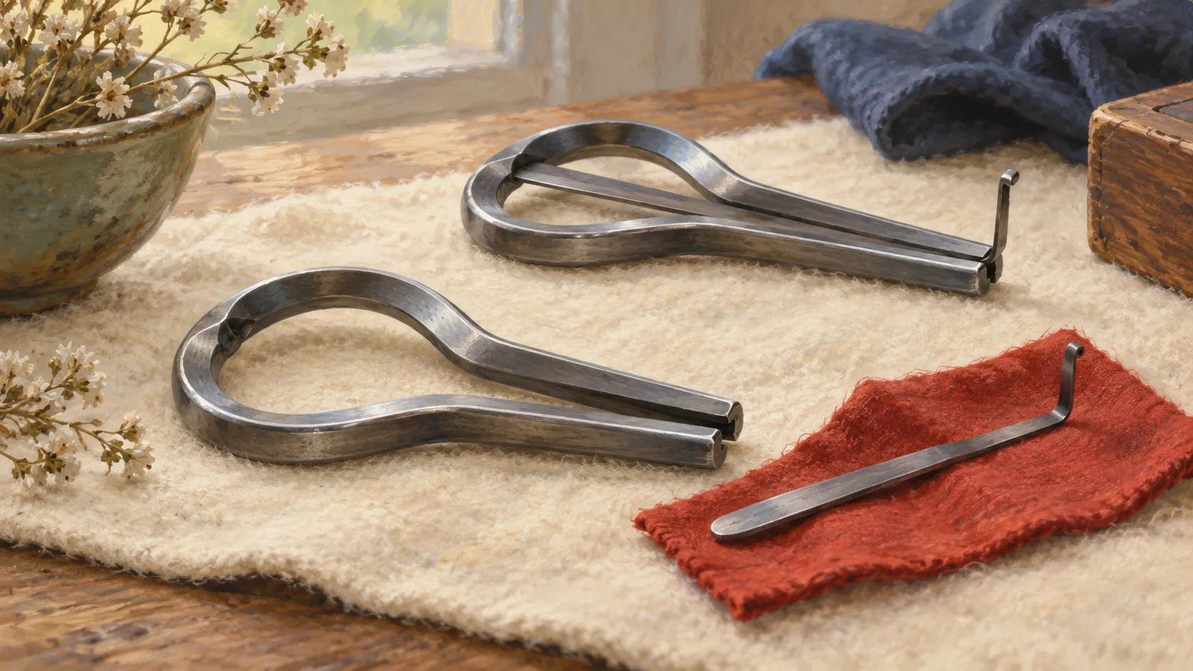 An empty jaw harp frame beside its removed tongue and a complete instrument