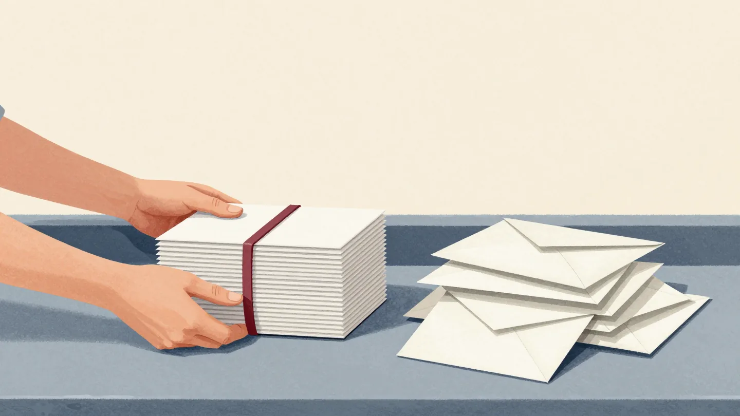 Hands squaring a neat stack of plain envelopes beside a messy pile, a red rubber band around the tidy stack