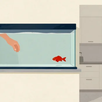 An aquarium built into a wall between two rooms, the same fish seen from both sides as a hand feeds them.