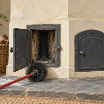 Open cleanout hatch aligned with a chimney flue