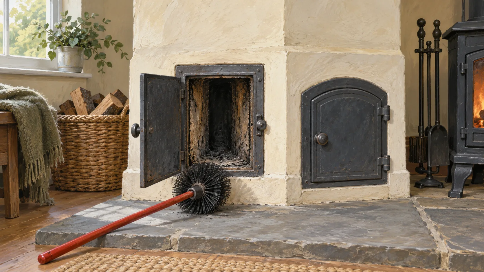 Open cleanout hatch aligned with a chimney flue