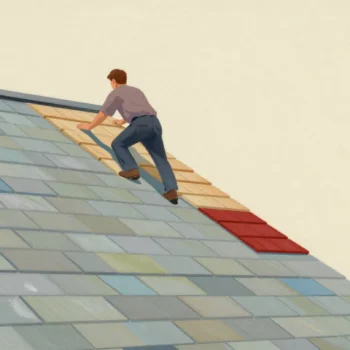 A roofer laying overlapping wooden shingles: one long continuous run, a bare gap, then a short second run.
