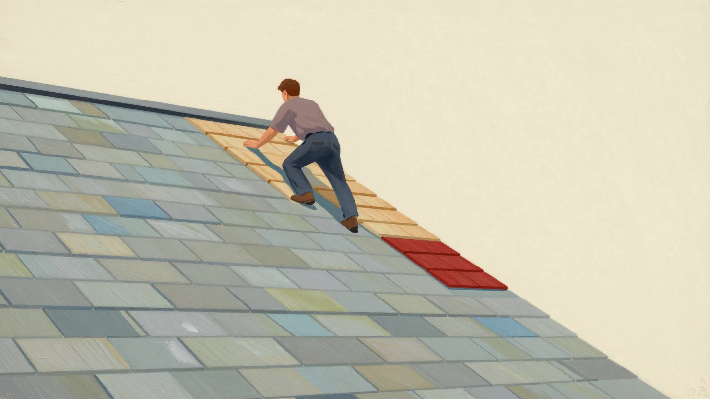 A roofer laying overlapping wooden shingles: one long continuous run, a bare gap, then a short second run.
