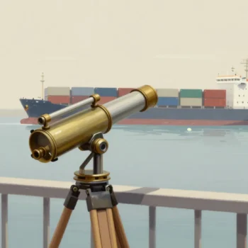 A brass telescope on a harbor balcony aimed at a cargo ship anchored far out in the bay with containers on its deck.
