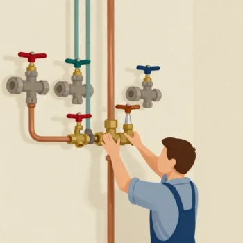 A plumber's hands fitting a brass valve into a central copper pipe, with branch pipes running off to different rooms.