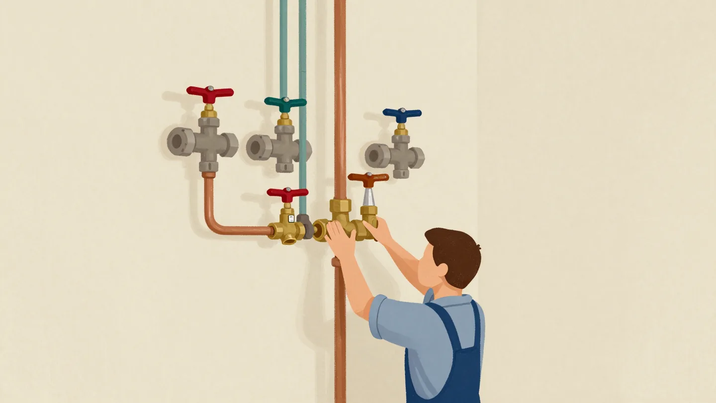 A plumber's hands fitting a brass valve into a central copper pipe, with branch pipes running off to different rooms.