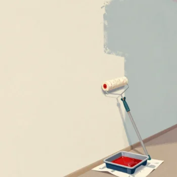 A corridor wall half repainted, a roller resting midway