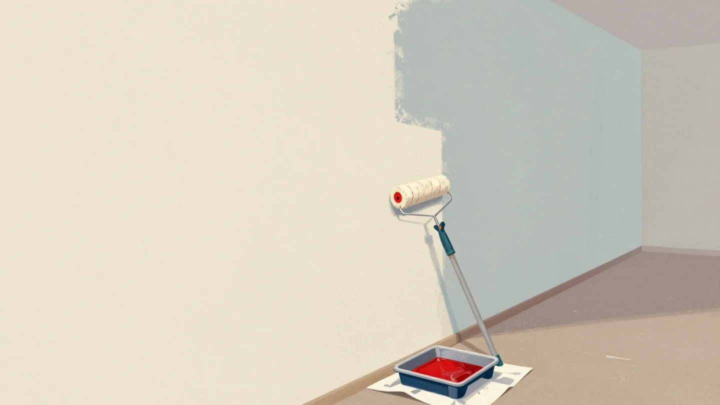 A corridor wall half repainted, a roller resting midway