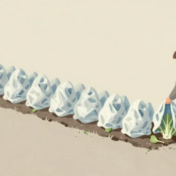 A gardener lifting white frost covers one by one along a vegetable row on a frosty morning.