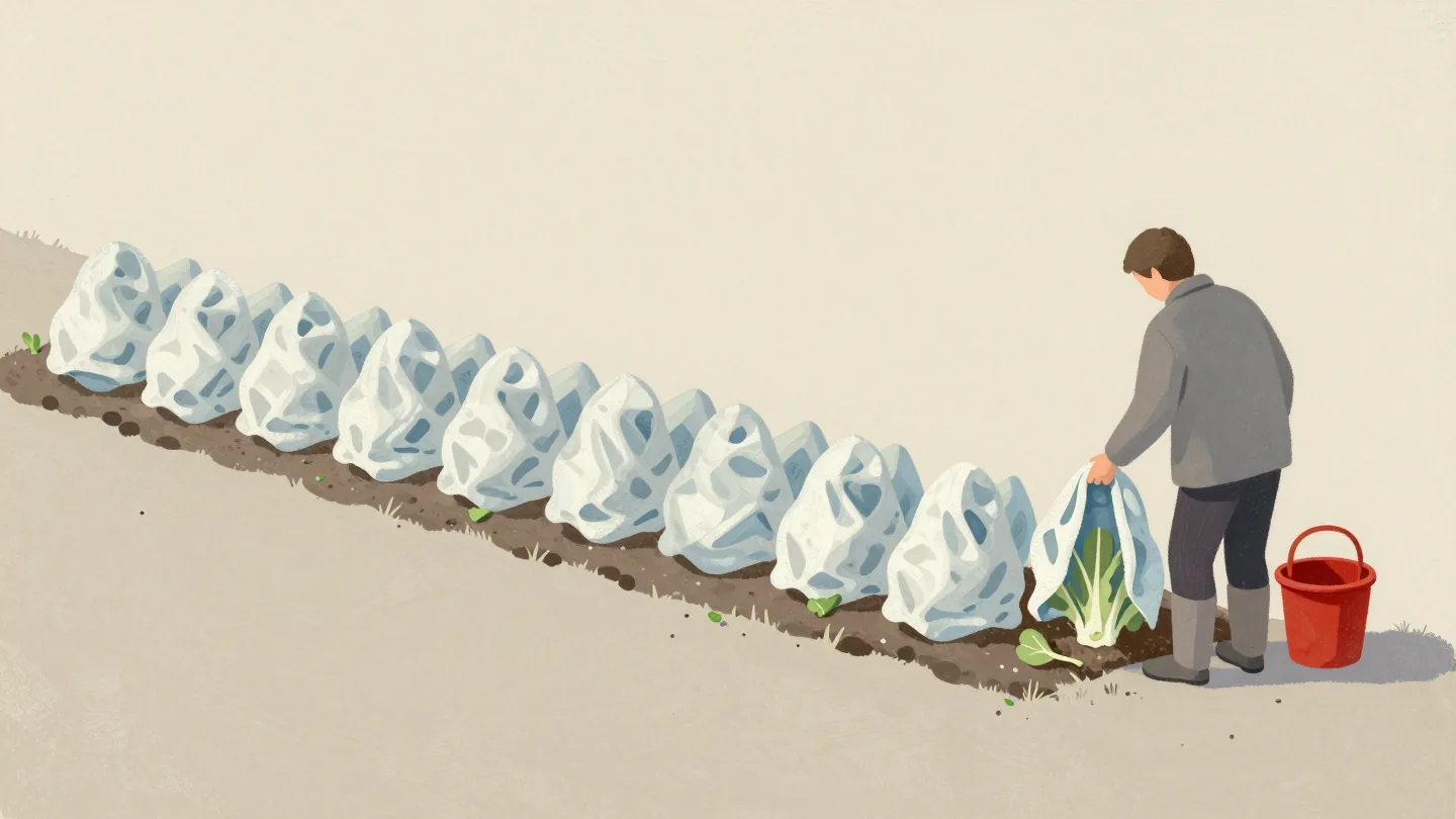 A gardener lifting white frost covers one by one along a vegetable row on a frosty morning.