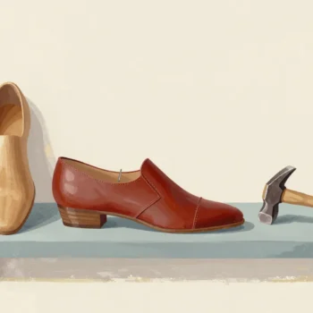 Three wooden shoe lasts of different sizes on a cobbler's shelf, a leather upper tacked over the middle one.