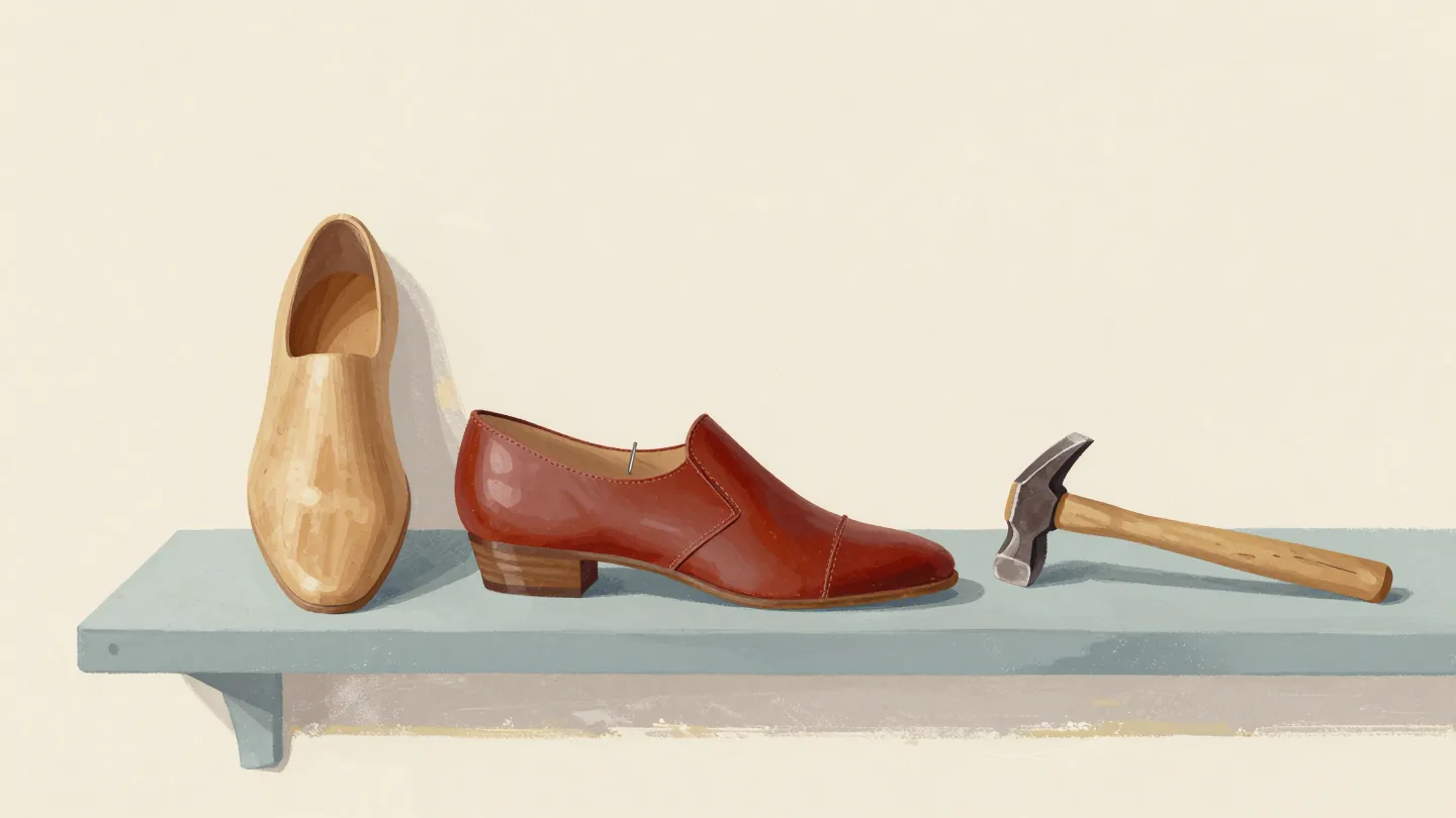 Three wooden shoe lasts of different sizes on a cobbler's shelf, a leather upper tacked over the middle one.