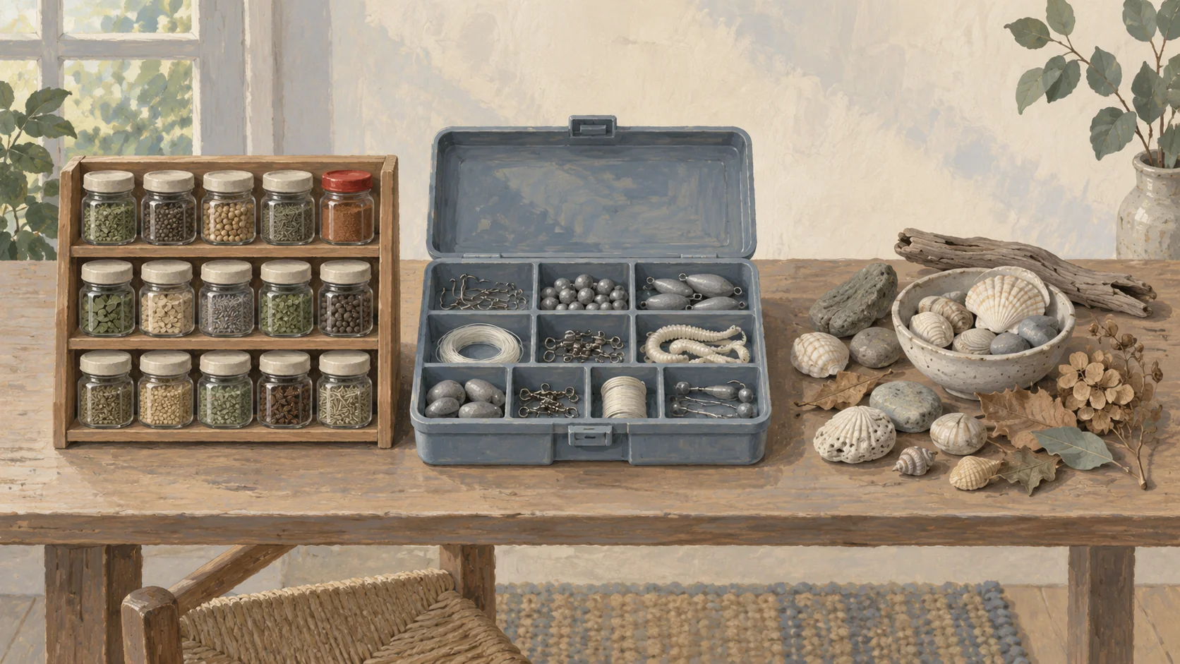 Gouache painting of three containers on a long table: a spice rack of identical plain jars in perfect rows with one vermilion lid, a tackle box with mixed compartments, and a loose heap of shells, stones and dried leaves.