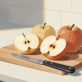 Three apple halves on a chopping board, going from freshly cut white to tan to brown, beside a paring knife