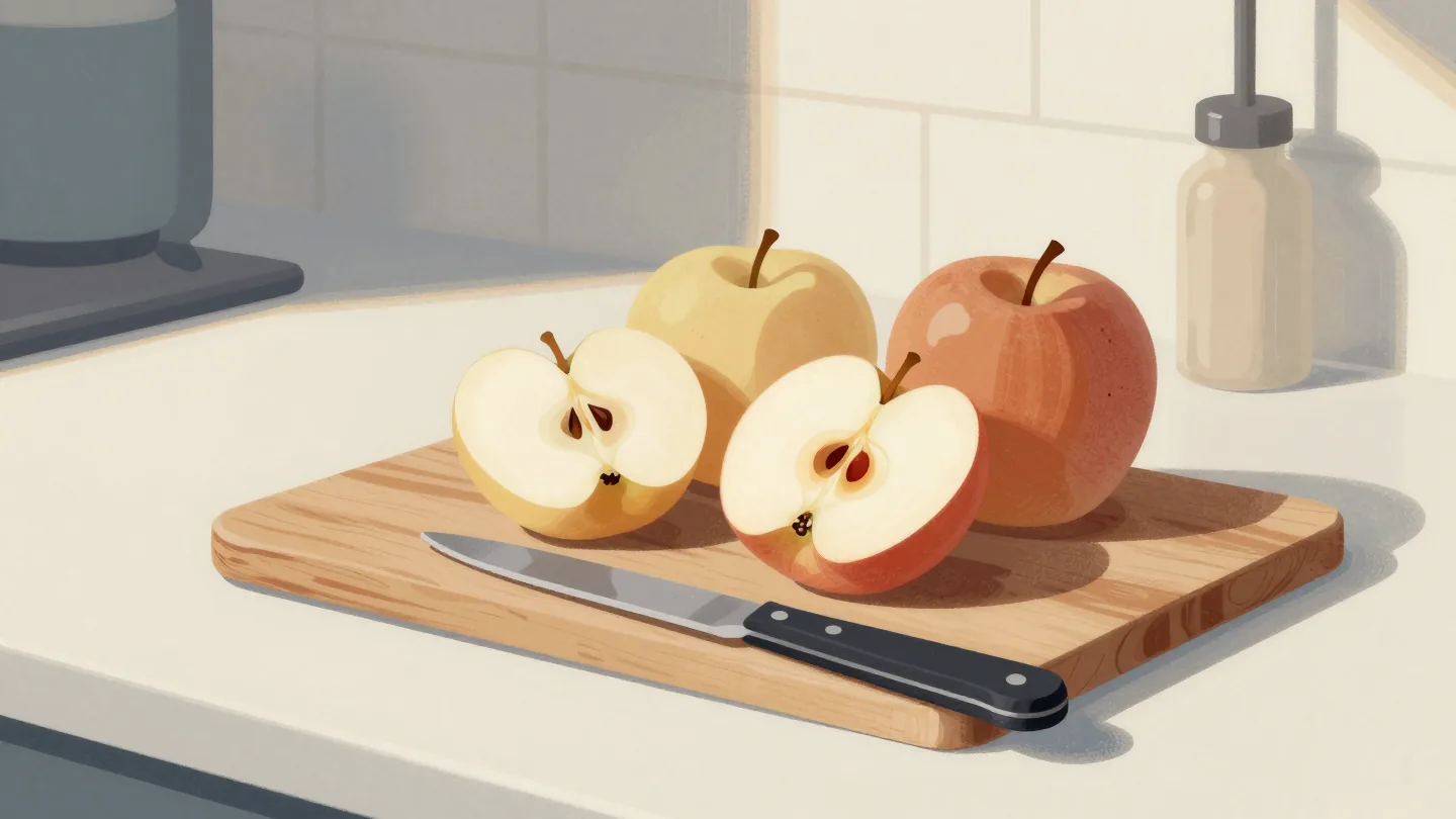 Three apple halves on a chopping board, going from freshly cut white to tan to brown, beside a paring knife