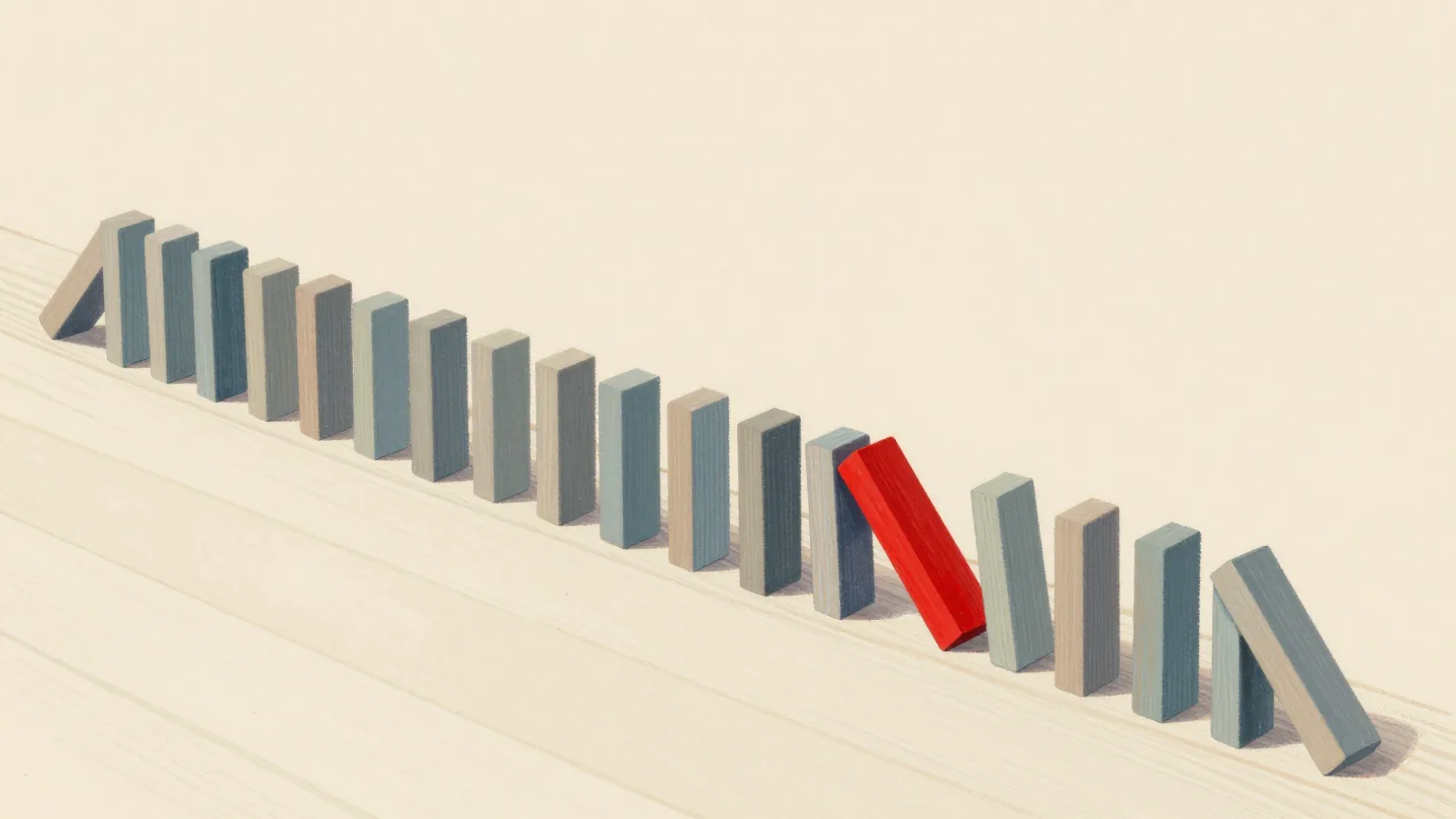 A line of falling wooden dominoes on a floor, with one red domino turned sideways to stop the chain.