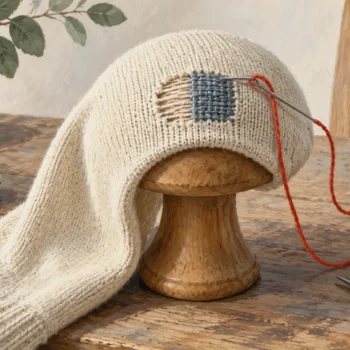 Darning mushroom supporting a sock with a small repaired patch