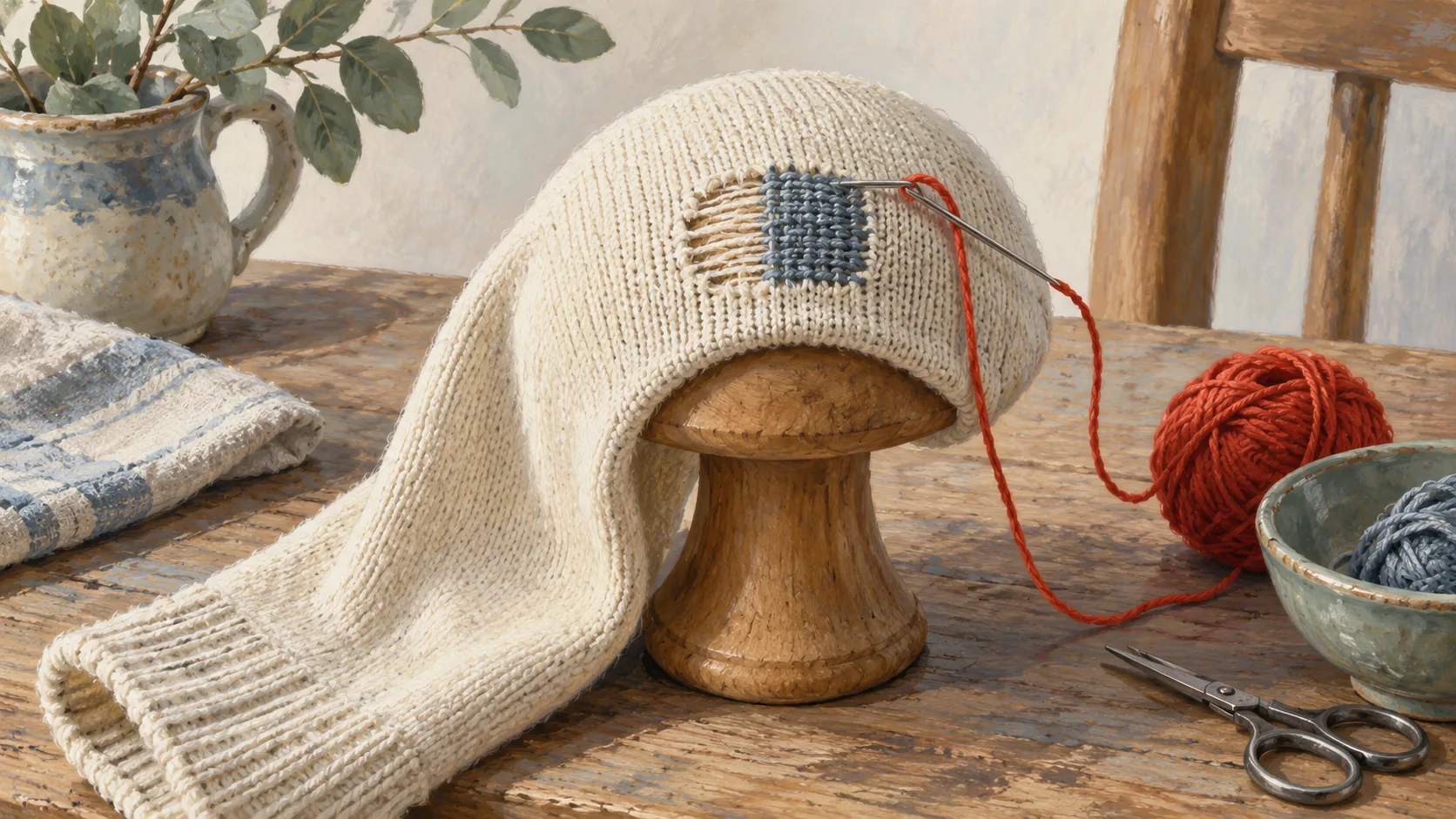 Darning mushroom supporting a sock with a small repaired patch