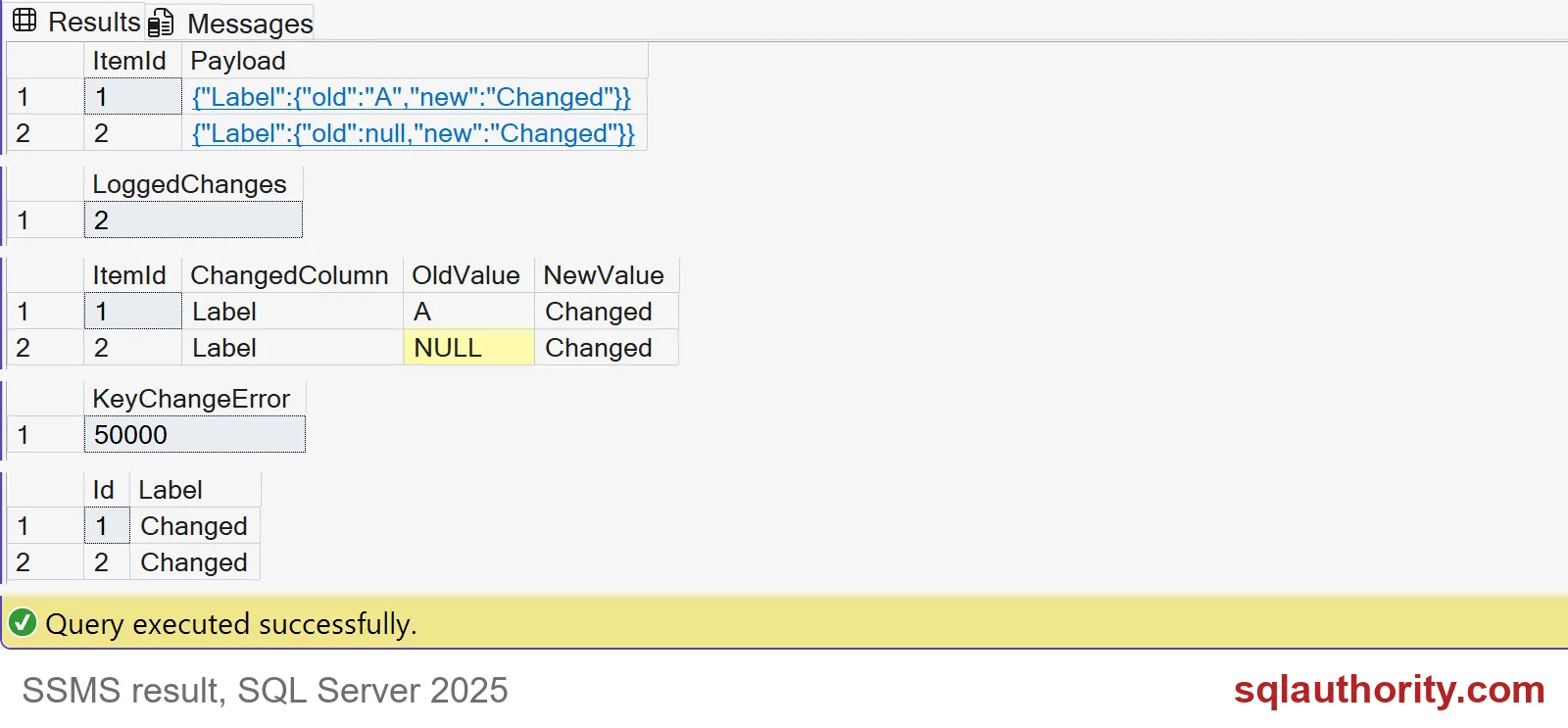 SQL Server results showing JSON old and new values and an unchanged log count