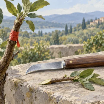 Grafting knife and prepared scion beside an older intact graft