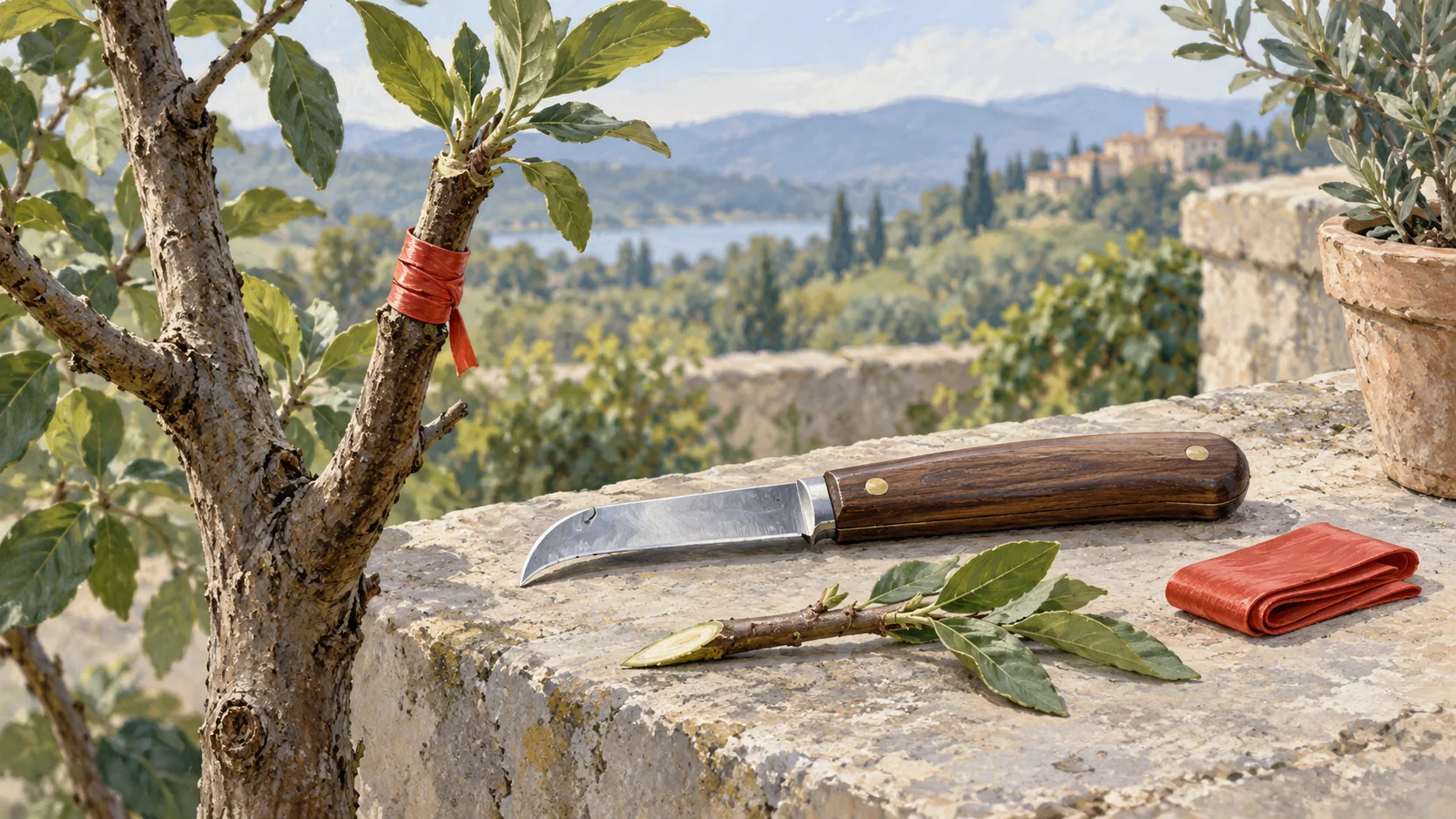 Grafting knife and prepared scion beside an older intact graft