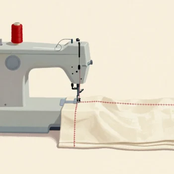 A sewing machine stitching a long straight seam, a red spool turning on top.