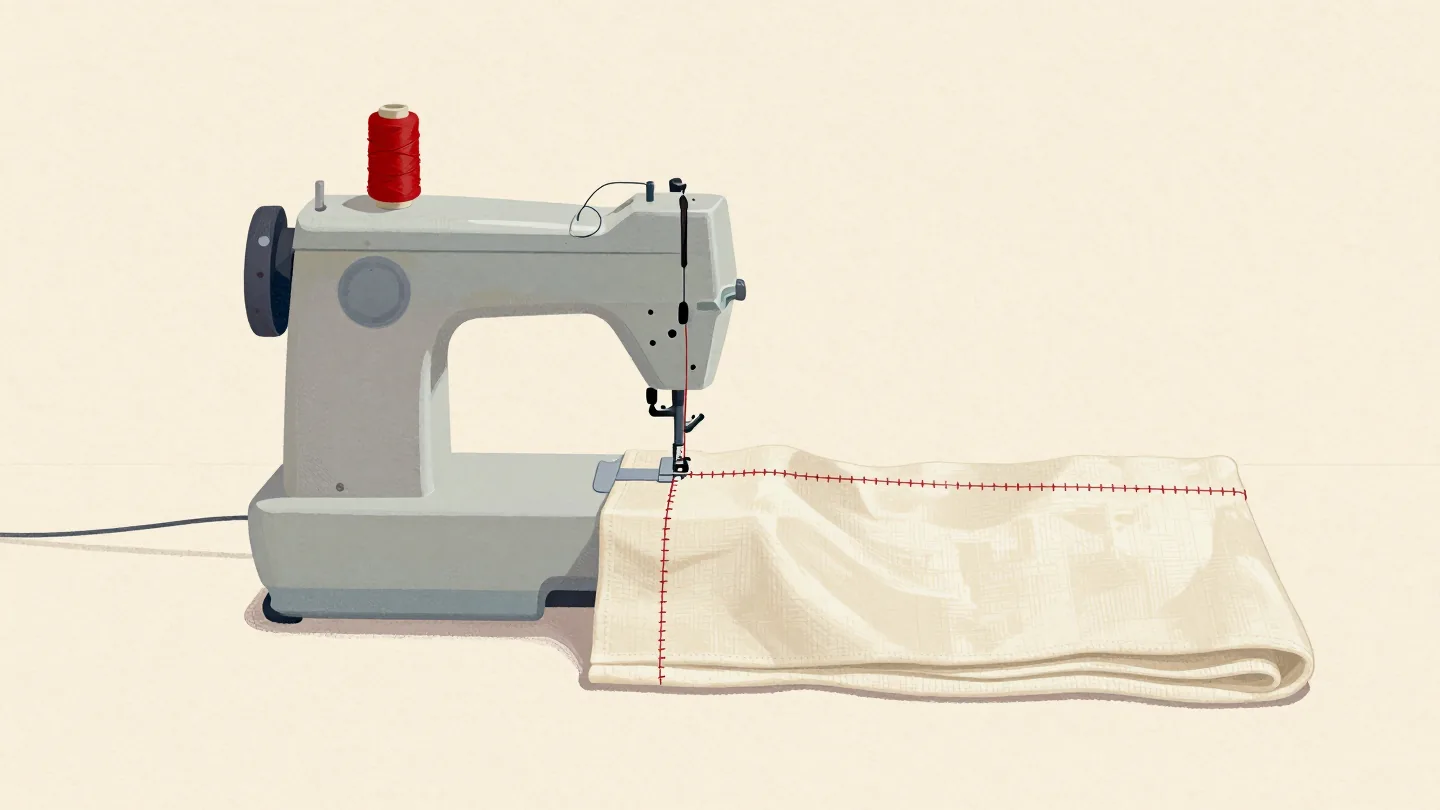 A sewing machine stitching a long straight seam, a red spool turning on top.