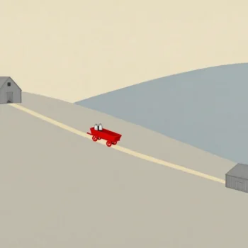 Two hill farms in separate valleys linked by one cart track over the ridge, a red cart traveling between them