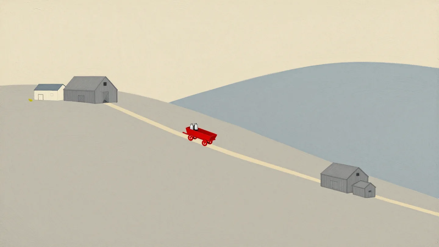 Two hill farms in separate valleys linked by one cart track over the ridge, a red cart traveling between them