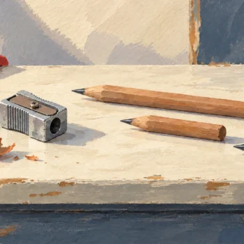 A sharpener beside a short usable pencil, an exhausted stub, and a fresh pencil