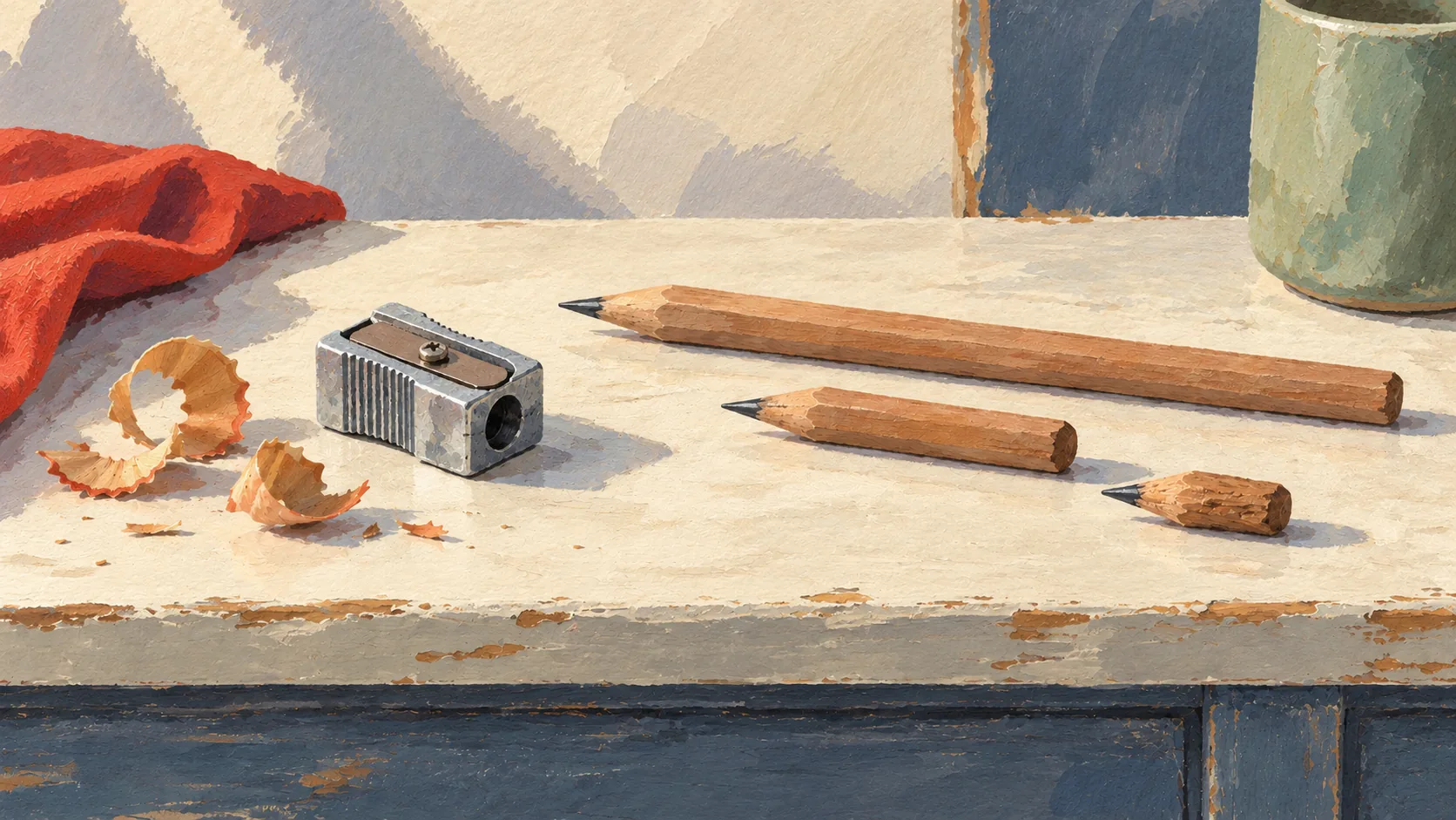 A sharpener beside a short usable pencil, an exhausted stub, and a fresh pencil