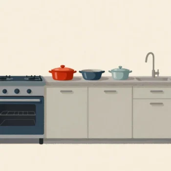 Four dishes waiting in line for one oven, a red casserole first