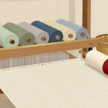 A loom with new cloth beside a shelf of finished rolls, the newest tied with red.
