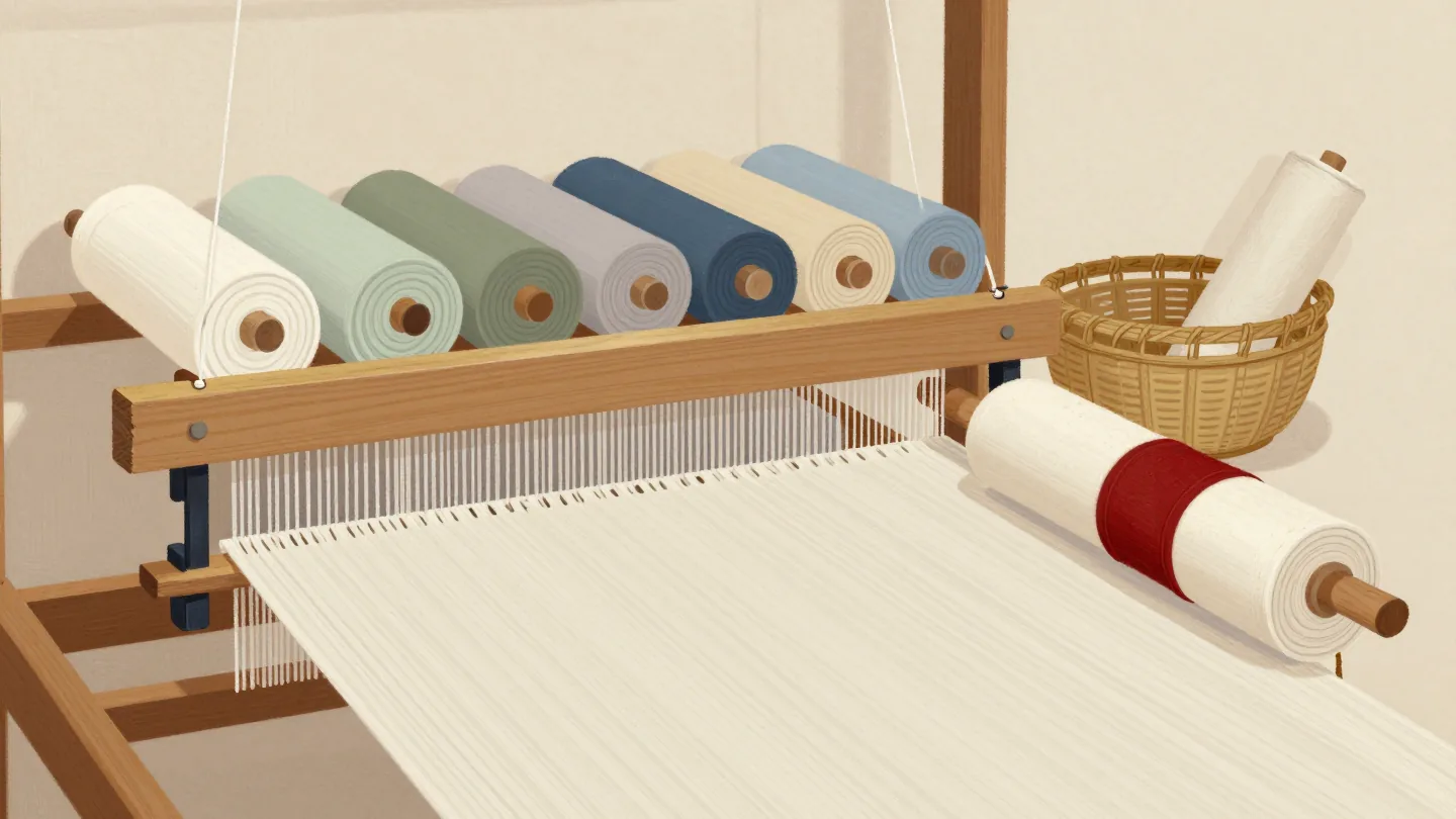 A loom with new cloth beside a shelf of finished rolls, the newest tied with red.
