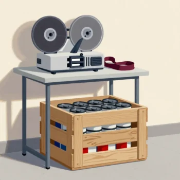 A packed crate of film cans on a doorstep, the projector with its red strap left behind.