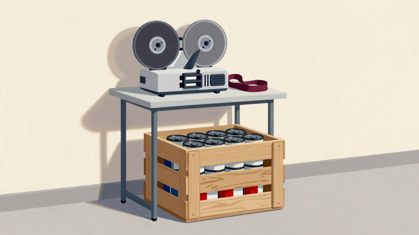 A packed crate of film cans on a doorstep, the projector with its red strap left behind.