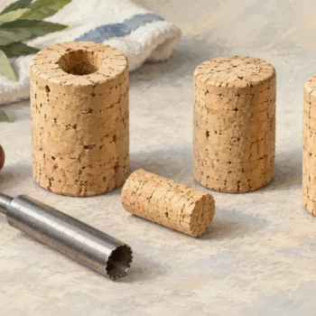 A cork borer and extracted core beside intact and fully opened cork stoppers