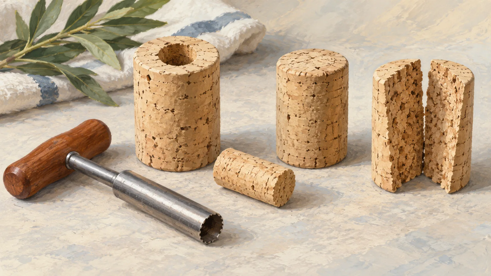 A cork borer and extracted core beside intact and fully opened cork stoppers